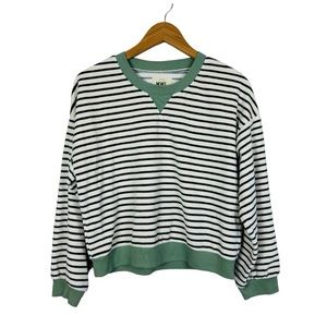 Madewell MWL Velour Crewneck Sweatshirt Size Medium Stripe Crop White Navy Green